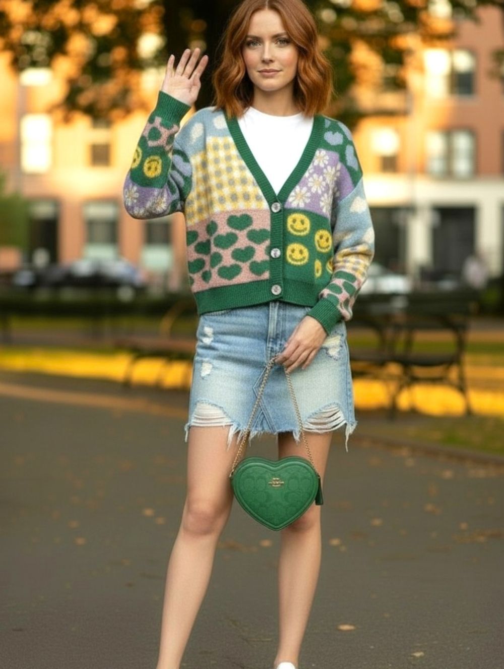 Patchwork Smiley Cardigan V-Neck Button Front | Women’s M/L | EUC | Fun Retro - Picture 2 of 7